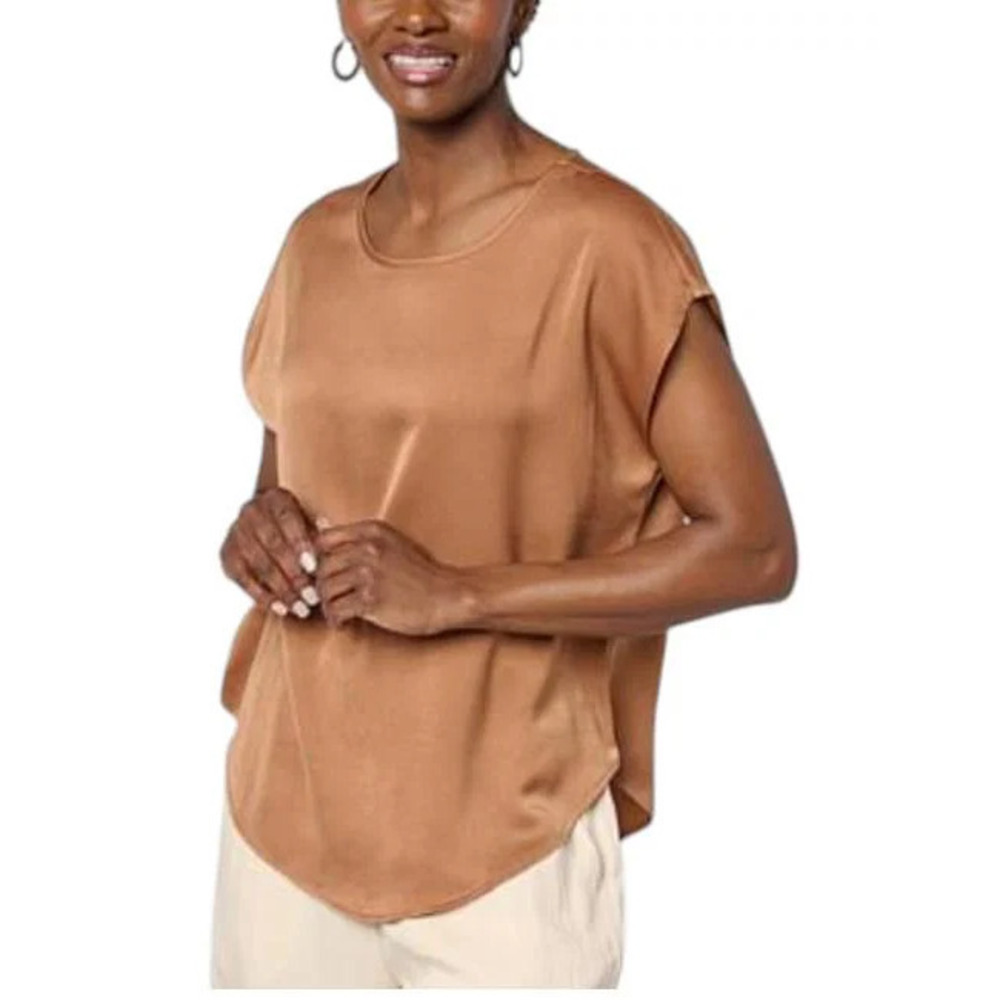 WynneCollection Women's Printed Satin Cap-Sleeve Top Nutmeg - Regular